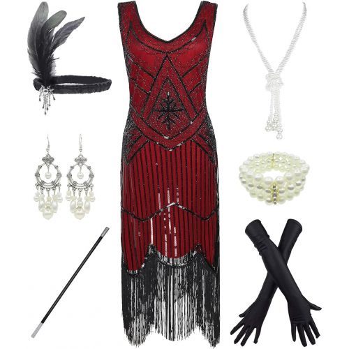  할로윈 용품Esrtyeryh Women Costume 1920s Gatsby Sequin Fringed Paisley Flapper Dress with 20s Accessories Set (2.