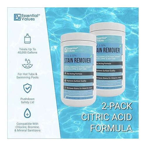  Essential Values Swimming Pool & Spa Stain Remover (2 LBS) - Compatible with Vinyl Liners, Fiberglass & Metals - Effective Formula Removes Rust & Tough Stains