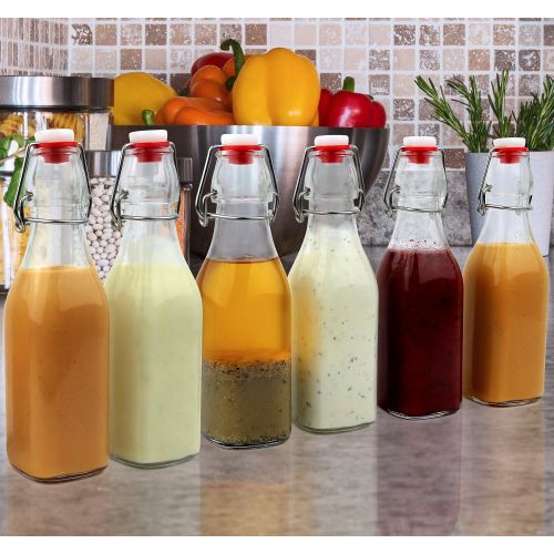  Estilo Swing Top Easy Cap Clear Glass Bottles, Square, 8.5 oz, Set of 6