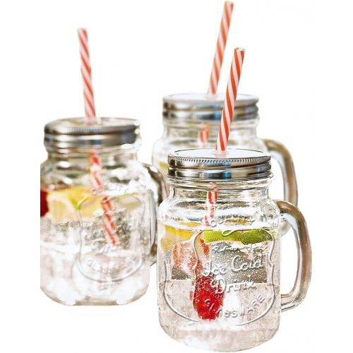 [아마존베스트]Estilo Mason Jar Mugs with Handle and Straws Old Fashioned Drinking Glass Set 6, 16 oz Each