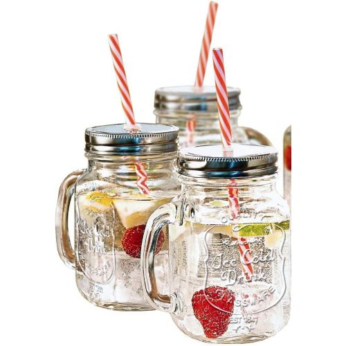  [아마존베스트]Estilo Mason Jar Mugs with Handle and Straws Old Fashioned Drinking Glass Set 6, 16 oz Each