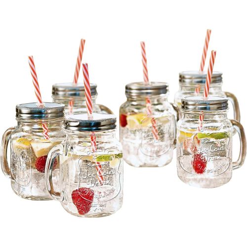  [아마존베스트]Estilo Mason Jar Mugs with Handle and Straws Old Fashioned Drinking Glass Set 6, 16 oz Each