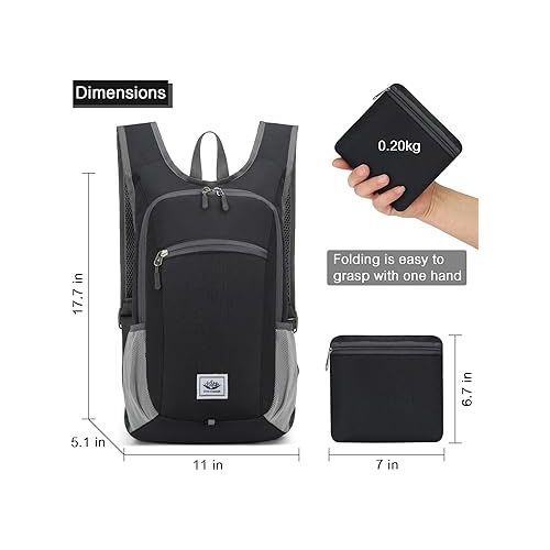  15L Lightweight Hiking Backpack Foldable Small Travel Backpack Packable Camping Backpack for Women Men (Black)