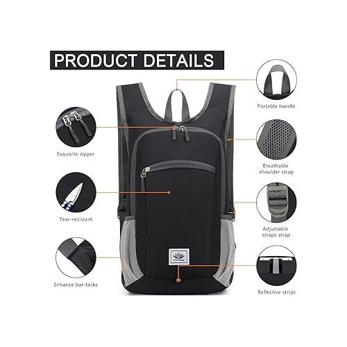  15L Lightweight Hiking Backpack Foldable Small Travel Backpack Packable Camping Backpack for Women Men (Black)