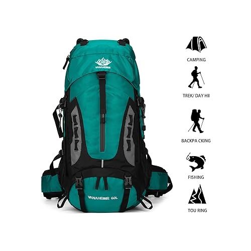  60L Hiking Backpack Men Camping Backpack with rain cover Lightweight Backpacking Backpack Travel Backpack (Lake Blue)