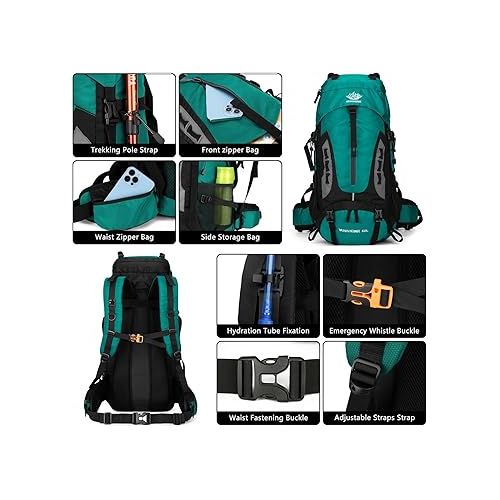 60L Hiking Backpack Men Camping Backpack with rain cover Lightweight Backpacking Backpack Travel Backpack (Lake Blue)