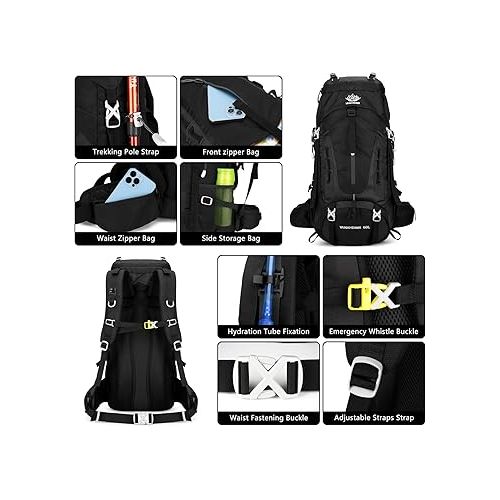  60L Hiking Backpack Men Camping Backpack with rain cover Lightweight Backpacking Backpack Travel Backpack (Black)