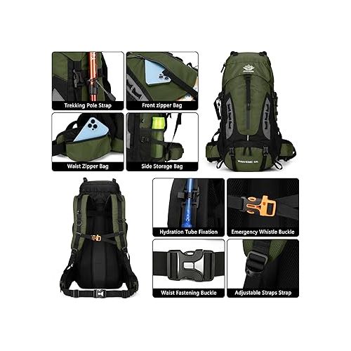  60L Hiking Backpack Men Camping Backpack with rain cover Lightweight Backpacking Backpack Travel Backpack (Army Green)