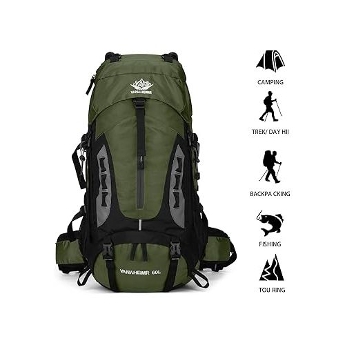  60L Hiking Backpack Men Camping Backpack with rain cover Lightweight Backpacking Backpack Travel Backpack (Army Green)