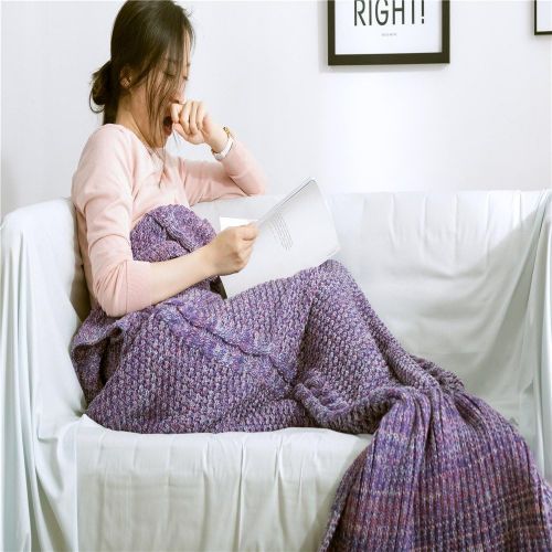  EsyDream Mermaid Tail Blanket AdultTeen Tails, All Seasons Knitted Seatail Blanket, Sleeping Bag Snuggle Blanket,Datura Color Size 75x 31(190x80cm)