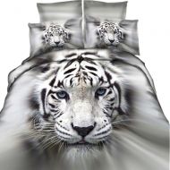 EsyDream 3D Oil Painting White Tiger Print Bedding Sets 4PC No Comforter,100% Cotton Animal Tiger Boys Duvet Cover,King Size (4PC/Set)