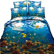 EsyDream Underwater World Animal Shark Ocean Fish With Coral Reef Kids/Boys Duvet Cover Sets No Comforter,Super King Size 4PC/Set((1 Duvet Cover +1 Flat Bed Sheet+2 Pillowcase)