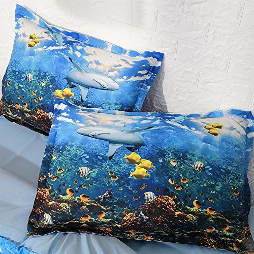  EsyDream Underwater World Animal Shark Ocean Fish With Coral Reef Kids/Boys Duvet Cover Sets No Comforter,Super King Size 4PC/Set((1 Duvet Cover +1 Flat Bed Sheet+2 Pillowcase)