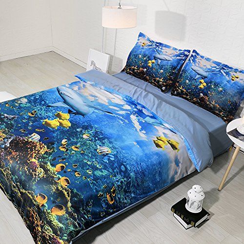  EsyDream Underwater World Animal Shark Ocean Fish With Coral Reef Kids/Boys Duvet Cover Sets No Comforter,Super King Size 4PC/Set((1 Duvet Cover +1 Flat Bed Sheet+2 Pillowcase)