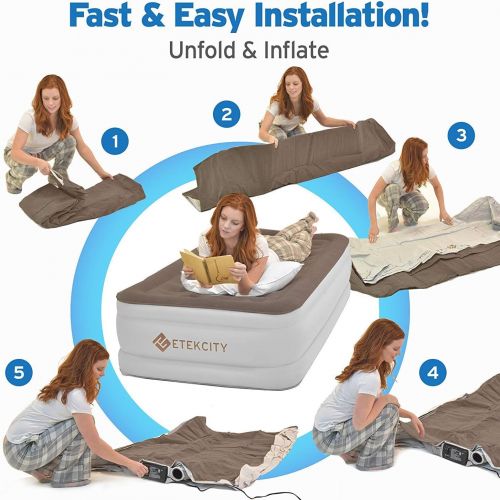  Etekcity Air Mattress Upgraded Twin Size Inflatable Airbed Blow Up Air Bed Raised Mattress with Built-in Pump for Camping, Guest, Hiking, Height 18”, Storage Bag