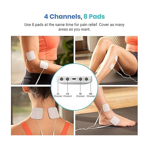  Etekcity FSA/HSA Eligible TENS Unit Muscle Stimulator Accessories Machine with 4 Channels, Back Massager, Pain Relief for Period Cramp, Sciatica, Nerve, Rechargeable Electric Medical Physical Therapy