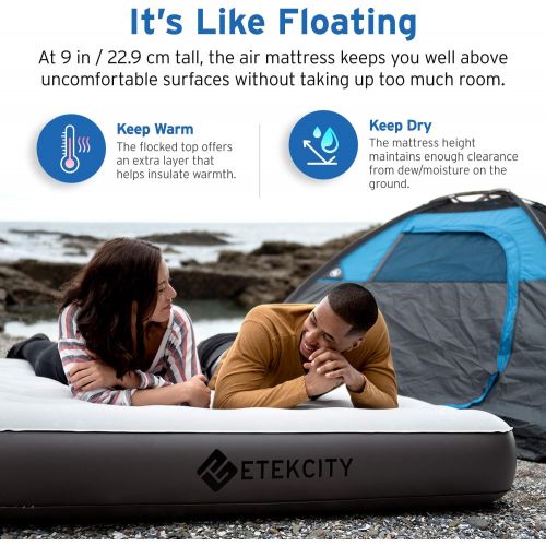  Etekcity Camping Air Mattress, Inflatable Mattress Air Bed Queen with Coil Beam Technology, Height 9, Carry Bag, White, No Pump Included