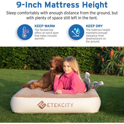  Etekcity Upgraded Camping Air Mattress, Queen Twin Airbed Height 9, Inflatable Bed Blow Up Mattress Raised Airbed with Rechargeable Pump, 2-Year Warranty, Storage Bag