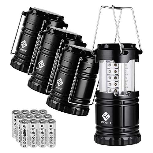  Etekcity 4 Pack LED Camping Lantern Portable Flashlight with 12 AA Batteries - Survival Kit for Emergency, Hurricane, Power Outage (Black, Collapsible) (CL10)