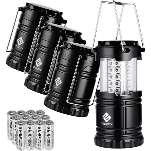  Etekcity 4 Pack LED Camping Lantern Portable Flashlight with 12 AA Batteries - Survival Kit for Emergency, Hurricane, Power Outage (Black, Collapsible) (CL10)