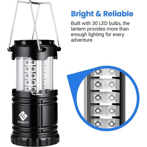  Etekcity 4 Pack LED Camping Lantern Portable Flashlight with 12 AA Batteries - Survival Kit for Emergency, Hurricane, Power Outage (Black, Collapsible) (CL10)