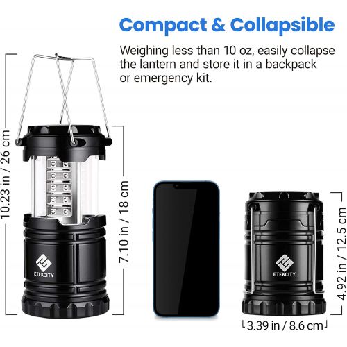  Etekcity 4 Pack LED Camping Lantern Portable Flashlight with 12 AA Batteries - Survival Kit for Emergency, Hurricane, Power Outage (Black, Collapsible) (CL10)