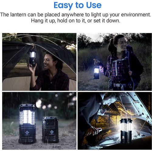  Etekcity 4 Pack LED Camping Lantern Portable Flashlight with 12 AA Batteries - Survival Kit for Emergency, Hurricane, Power Outage (Black, Collapsible) (CL10)