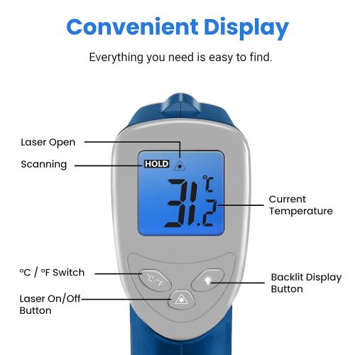  Etekcity Infrared Thermometer 1080 (Not for Human) Temperature Gun Non-Contact Digital Laser Thermometer-58℉~1022℉ (-50℃～550℃) Blue & Gray, Standard Size