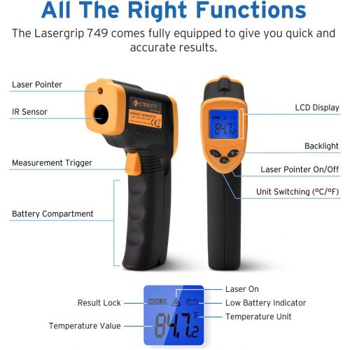  Etekcity Infrared Thermometer 749 (Not for Human) Temperature Gun Non-Contact Digital Lasergrip with LCD Backlit Display, -58℉ to 716℉ (-50℃ to 380℃), Black-Yellow