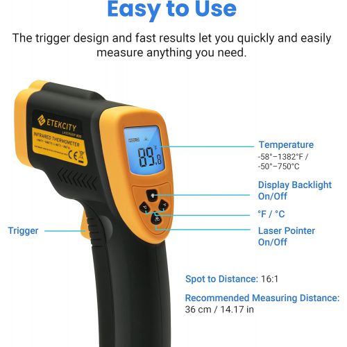  Etekcity Infrared Thermometer 800 (Not for Human) Non-Contact Digital Temperature Gun, 16:1 DTS Ratio, -58℉?to 1382℉ (-50℃ to 750℃), Yellow and Black