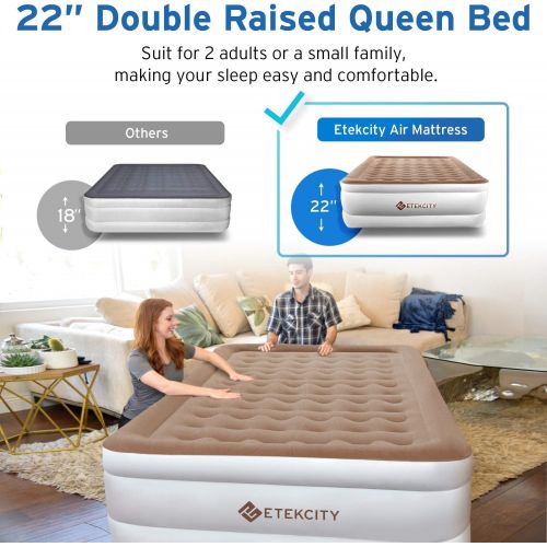  Etekcity Air Mattress with Built-in Pump, Queen Inflatable Mattress Blow Up Air Bed Double Raised Mattress for Camping, Guest, Hiking, Height 22