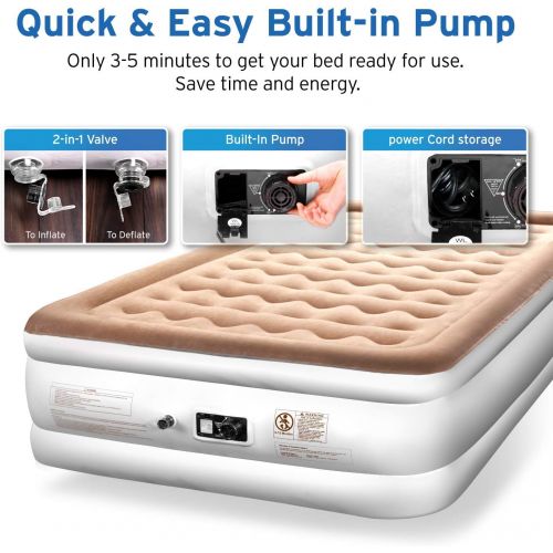  Etekcity Air Mattress with Built-in Pump, Queen Inflatable Mattress Blow Up Air Bed Double Raised Mattress for Camping, Guest, Hiking, Height 22