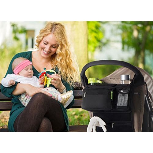  Ethan & Emma Universal Baby Stroller Organizer with Insulated Cup Holders for Smart Moms. Diaper Storage, Secure Straps, Detachable Bag, Pockets for Phone, Keys, Toys. Compact Desi