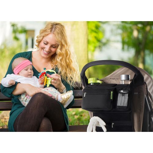  Ethan & Emma Universal Baby Stroller Organizer with Insulated Cup Holders for Smart Moms. Diaper Storage, Secure Straps, Detachable Bag, Pockets for Phone, Keys, Toys. Compact Desi