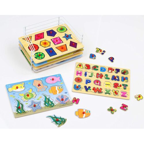  [아마존핫딜][아마존 핫딜] Etna Wooden Puzzles for Toddlers Products  6 Colorful Peg Puzzles with Bonus Puzzle Rack, Ideal Fun and Educational Toys for 1 Year Olds  Includes Alphabet Puzzle, Number Puzzle
