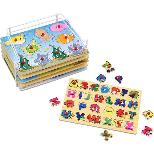  [아마존베스트]Wooden Puzzles For Toddlers by Etna Products  6 Colorful Peg Puzzles with Bonus Puzzle Rack, Ideal Fun and Educational Toys for Ages 3 and Up  Includes Alphabet Puzzle, Number Pu