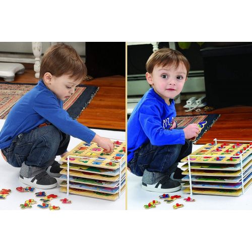  [아마존베스트]Wooden Puzzles For Toddlers by Etna Products  6 Colorful Peg Puzzles with Bonus Puzzle Rack, Ideal Fun and Educational Toys for Ages 3 and Up  Includes Alphabet Puzzle, Number Pu