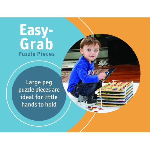  [아마존베스트]Wooden Puzzles For Toddlers by Etna Products  6 Colorful Peg Puzzles with Bonus Puzzle Rack, Ideal Fun and Educational Toys for Ages 3 and Up  Includes Alphabet Puzzle, Number Pu