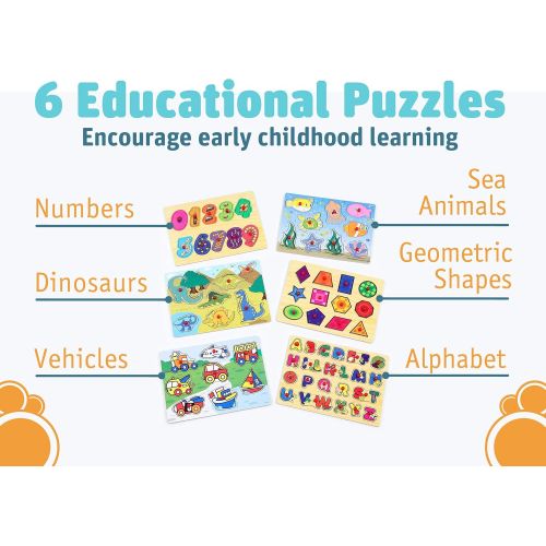  [아마존베스트]Wooden Puzzles For Toddlers by Etna Products  6 Colorful Peg Puzzles with Bonus Puzzle Rack, Ideal Fun and Educational Toys for Ages 3 and Up  Includes Alphabet Puzzle, Number Pu