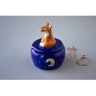 /EtnoCraftsLt Miniature elegant ceramic blue jewelry box with hand sculpted dreaming fox