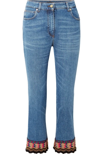 Etro Cropped embroidered high-rise flared jeans
