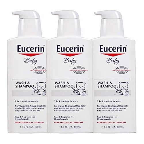  Eucerin Baby Wash & Shampoo - 2 in 1 Tear Free Formula, Hypoallergenic & Fragrance Free, Nourish and Soothe Sensitive Skin - 13.5 fl. oz. Pump Bottle (Pack of 3)