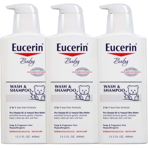  Eucerin Baby Wash & Shampoo - 2 in 1 Tear Free Formula, Hypoallergenic & Fragrance Free, Nourish and Soothe Sensitive Skin - 13.5 fl. oz. Pump Bottle (Pack of 3)