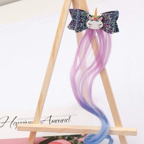  Eupping Unicorn Glitter Hair Bows Princess Dress up Braided Curly Wig Hair Extension for Kids Costume Hair Accessories