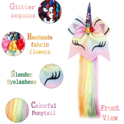  Eupping Unicorn Glitter Hair Bows Princess Dress up Braided Curly Wig Hair Extension for Kids Costume Hair Accessories