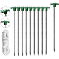 Eurmax USA Galvanized Non Rust Camping Family Tent Pop Up Tent Stakes Ice Tools Heavy Duty 10pc Pack, with 4x10ft Ropes & 1 Stopper