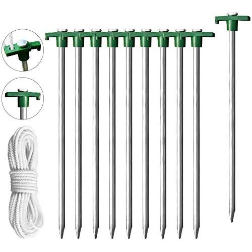  Eurmax USA Galvanized Non-Rust Camping Family Tent Pop Up Tent Stakes Ice Tools Heavy Duty 10pc-Pack, with 4x10ft Ropes & 1 Stopper