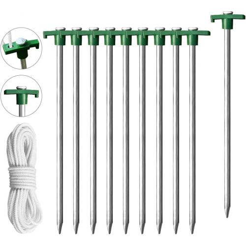  Eurmax USA Galvanized Non-Rust Camping Family Tent Pop Up Tent Stakes Ice Tools Heavy Duty 10pc-Pack, with 4x10ft Ropes & 1 Stopper