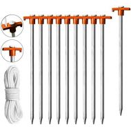 Eurmax USA Galvanized Non-Rust Camping Family Tent Pop Up Tent Stakes Ice Tools Heavy Duty 10pc-Pack, with 4x10ft Ropes & 1 Stopper