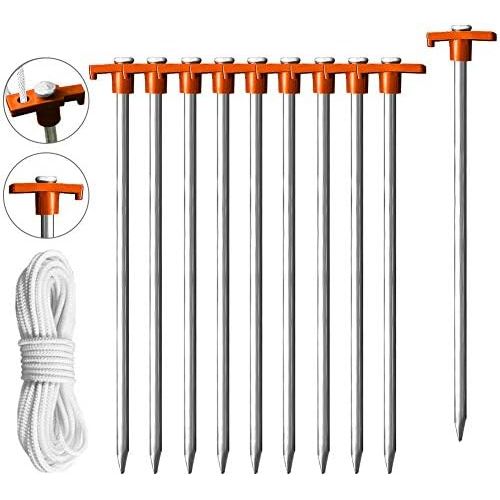  Eurmax USA Galvanized Non-Rust Camping Family Tent Pop Up Tent Stakes Ice Tools Heavy Duty 10pc-Pack, with 4x10ft Ropes & 1 Stopper